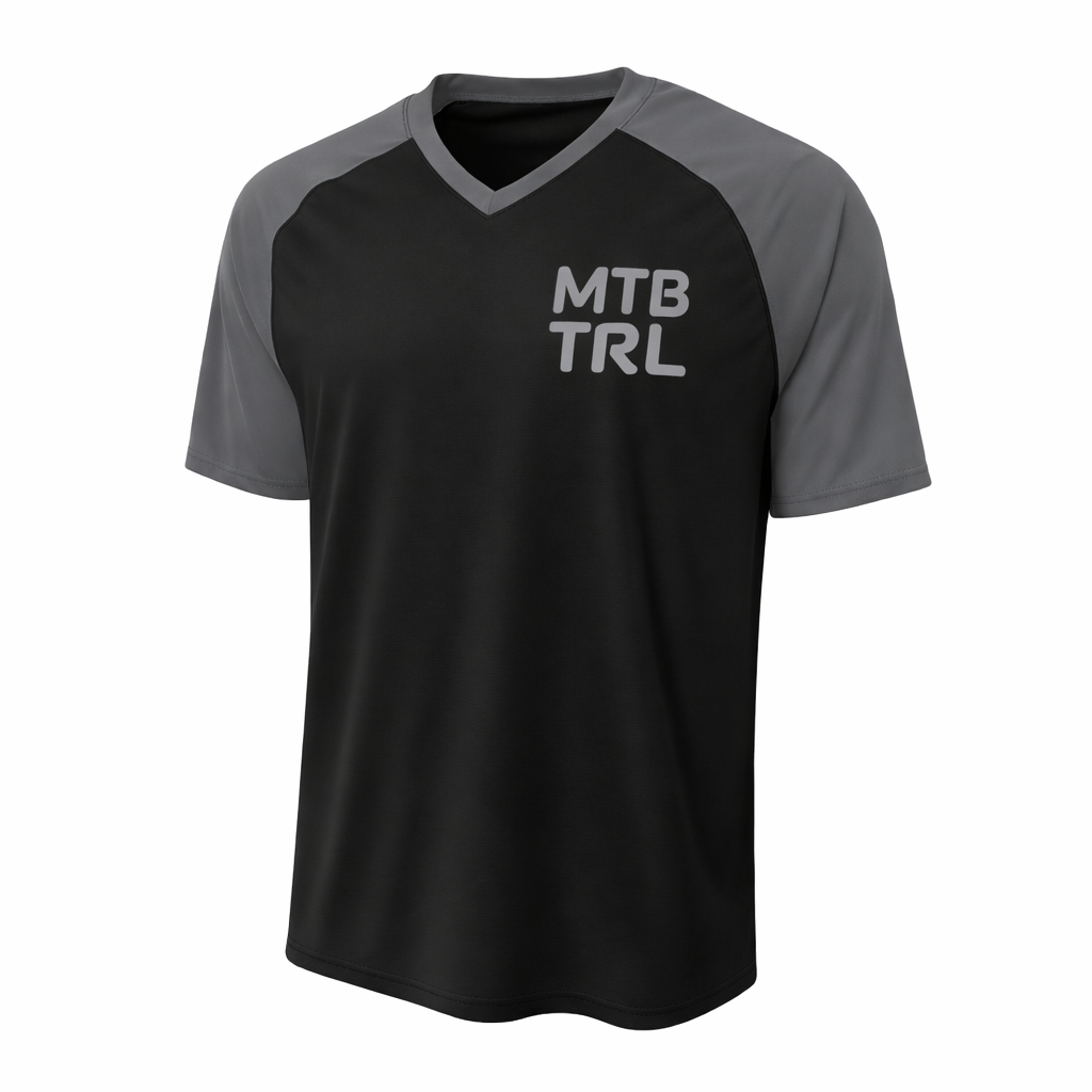 Black and gray sports jersey with 'MTB TRL' text in gray lettering