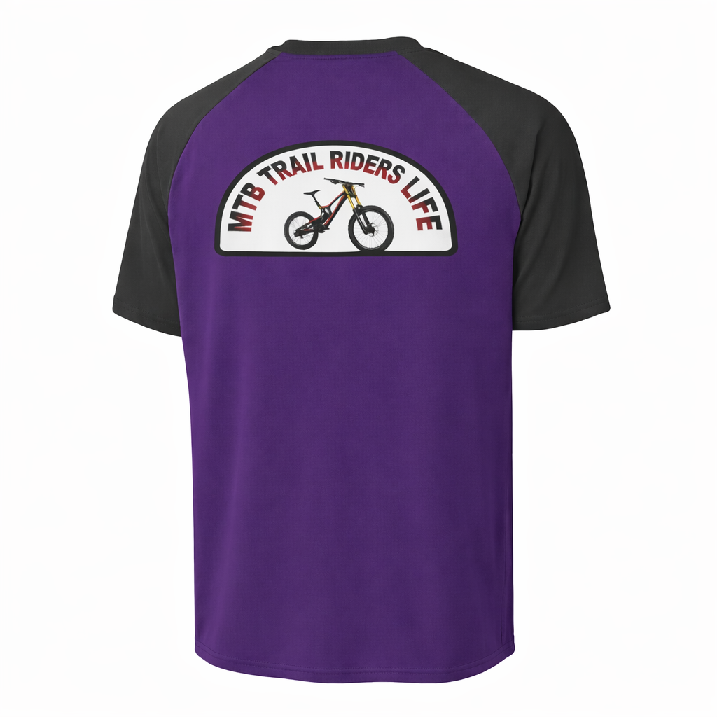 Purple and black t-shirt with 'MTB Trail Riders Life' graphic on the back against a white background